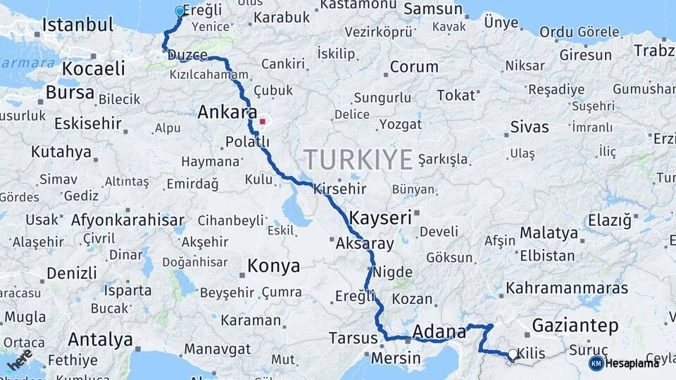Zonguldak Ereğli Kilis Arası Kaç Km - Yol Haritası