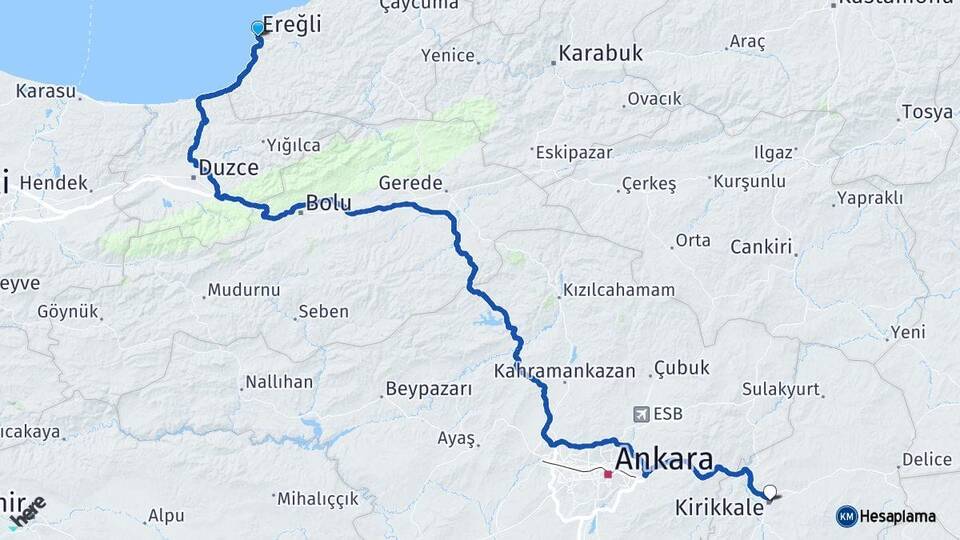 Zonguldak Ereğli Kırıkkale Arası Kaç Km - Yol Haritası