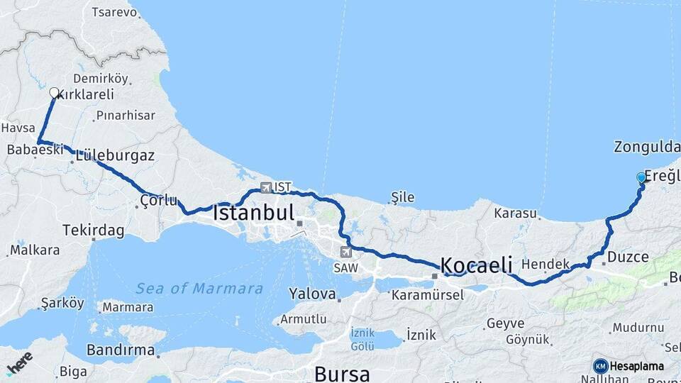 Zonguldak Ereğli Kırklareli Arası Kaç Km - Yol Haritası