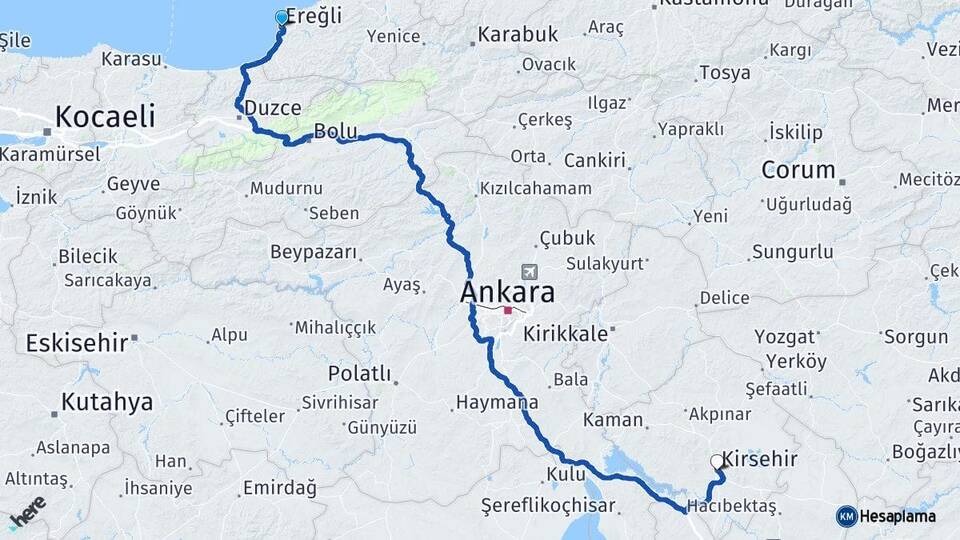 Zonguldak Ereğli Kırşehir Arası Kaç Km - Yol Haritası