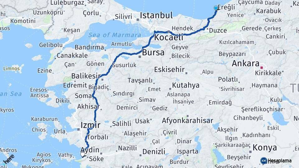 Zonguldak Ereğli Kuşadası Aydın Arası Kaç Km - Yol Haritası