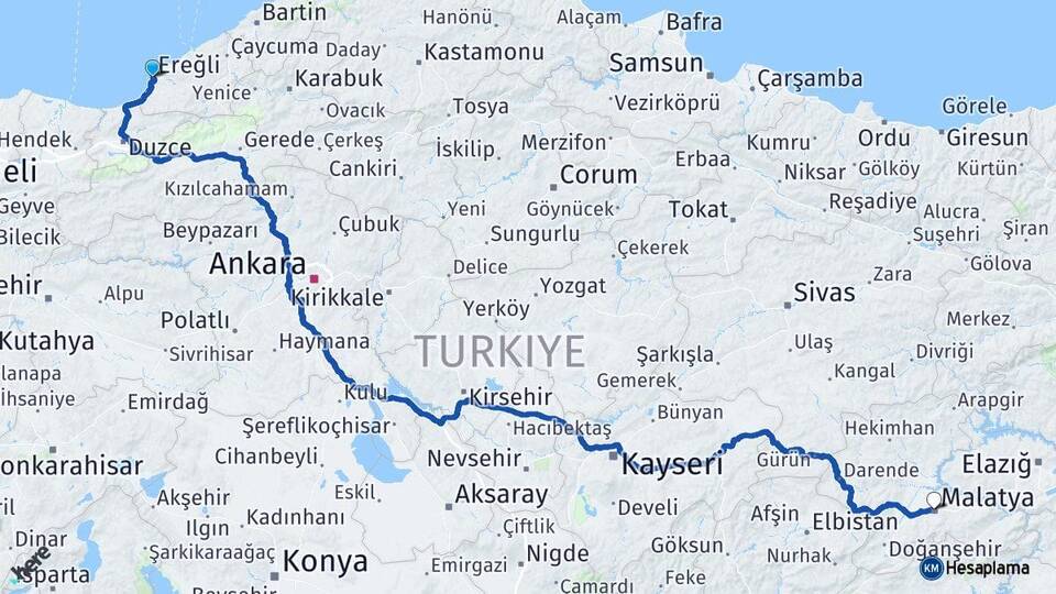 Zonguldak Ereğli Malatya Arası Kaç Km - Yol Haritası