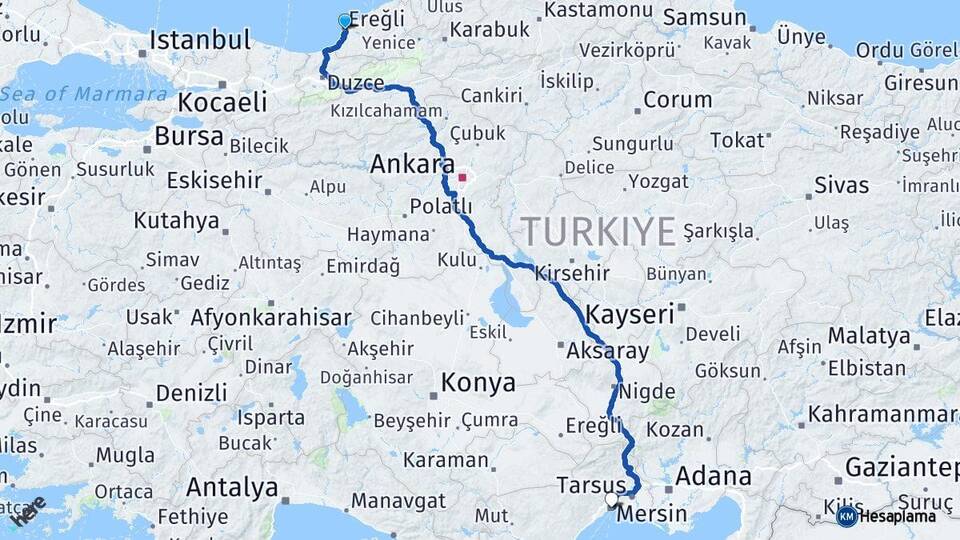 Zonguldak Ereğli Mersin Arası Kaç Km - Yol Haritası