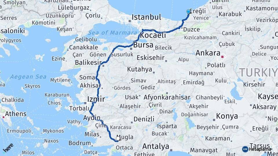 Zonguldak Ereğli Muğla Arası Kaç Km - Yol Haritası
