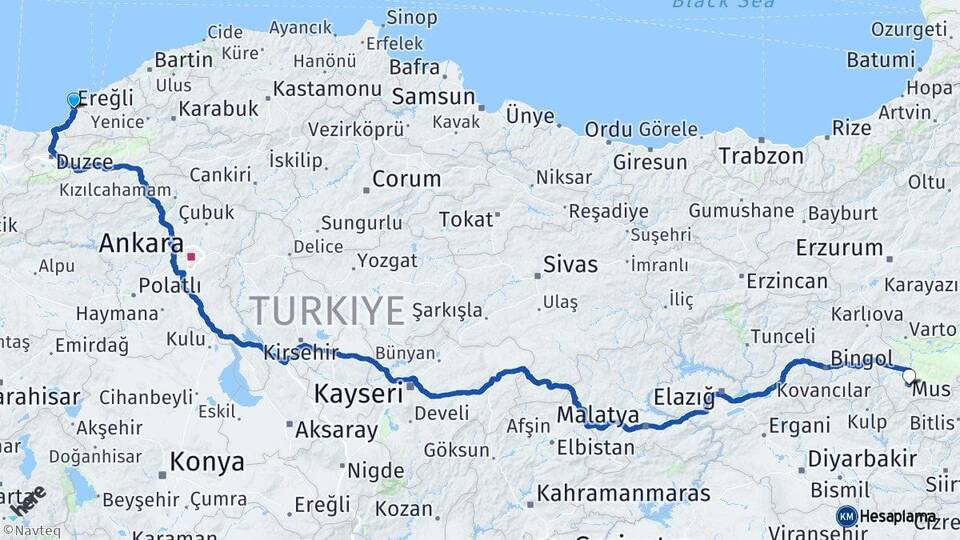 Zonguldak Ereğli Muş Arası Kaç Km - Yol Haritası
