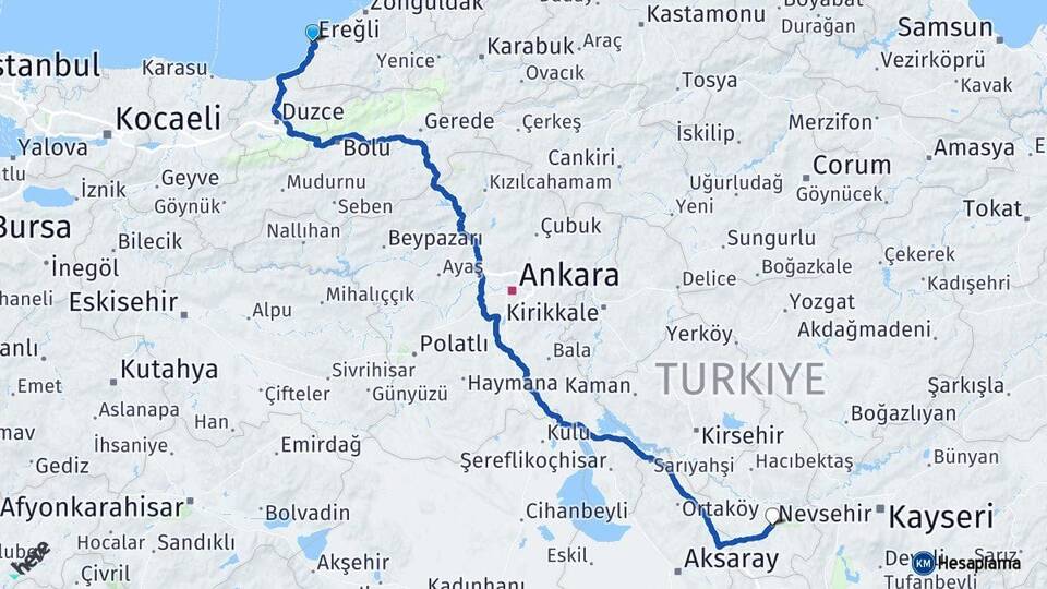 Zonguldak Ereğli Nevşehir Arası Kaç Km - Yol Haritası