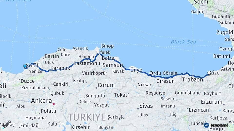 Zonguldak Ereğli Rize Arası Kaç Km - Yol Haritası