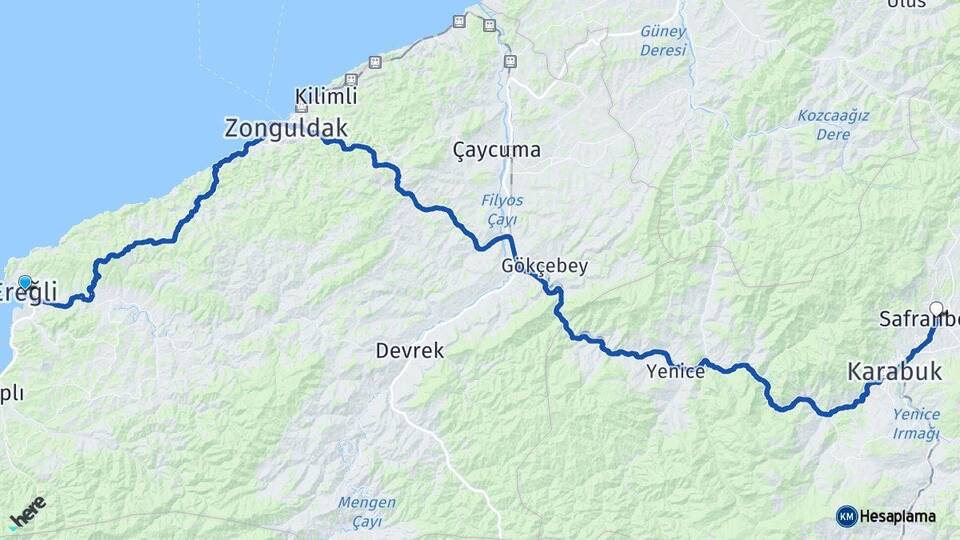 Zonguldak Ereğli Safranbolu Karabük Arası Kaç Km - Yol Haritası