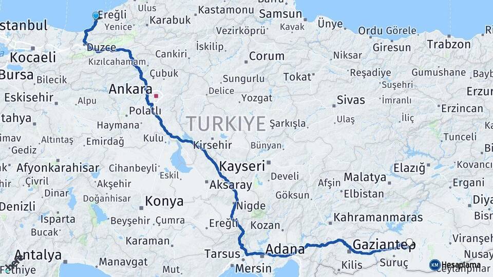 Zonguldak Ereğli Şanlıurfa Arası Kaç Km - Yol Haritası