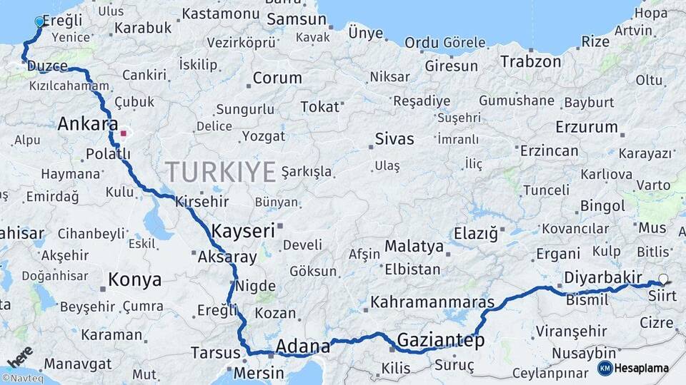 Zonguldak Ereğli Siirt Arası Kaç Km - Yol Haritası