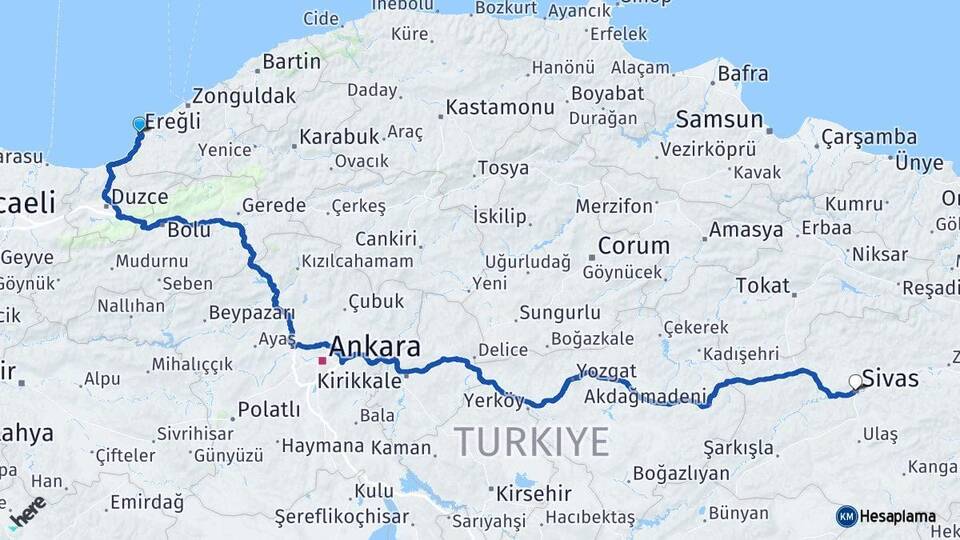 Zonguldak Ereğli Sivas Arası Kaç Km - Yol Haritası
