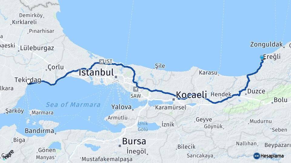 Zonguldak Ereğli Tekirdağ Arası Kaç Km - Yol Haritası