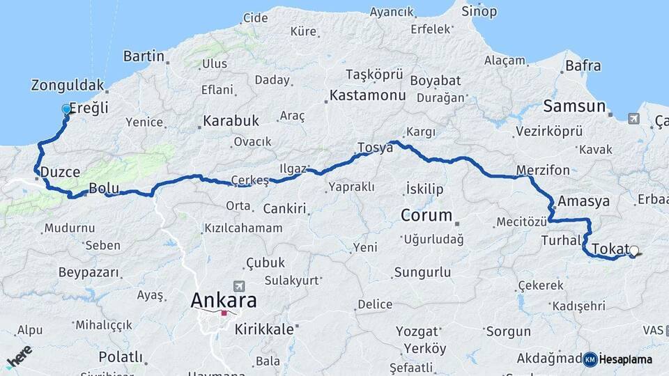 Zonguldak Ereğli Tokat Arası Kaç Km - Yol Haritası