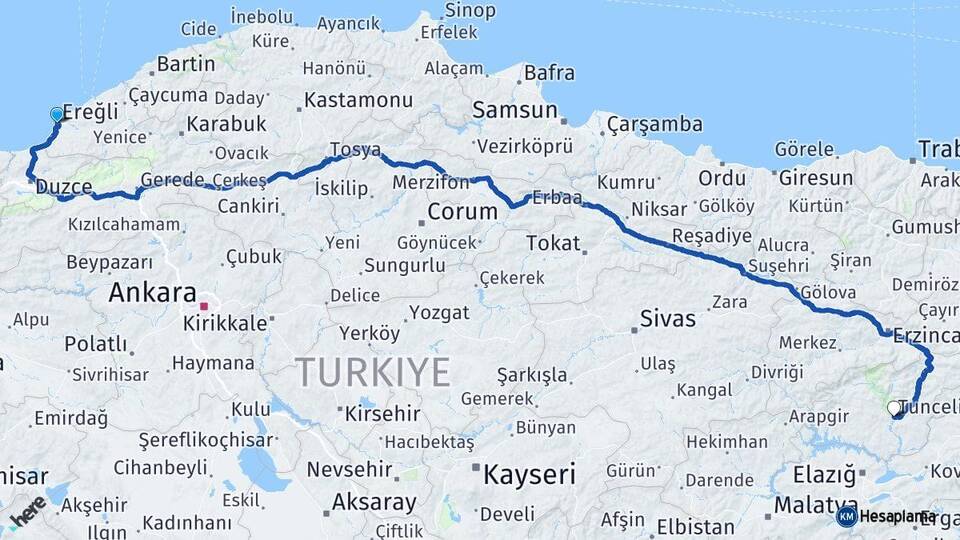 Zonguldak Ereğli Tunceli Arası Kaç Km - Yol Haritası
