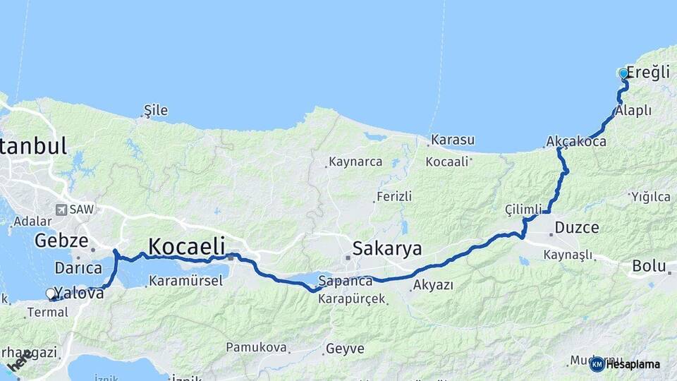 Zonguldak Ereğli Yalova Arası Kaç Km - Yol Haritası