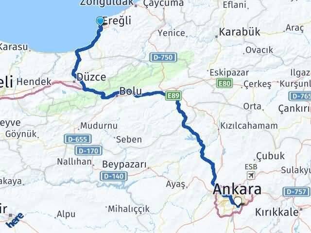 Zonguldak Ereğli Yukarı Dikmen Çankaya Ankara Arası Kaç Km - Yol Haritası