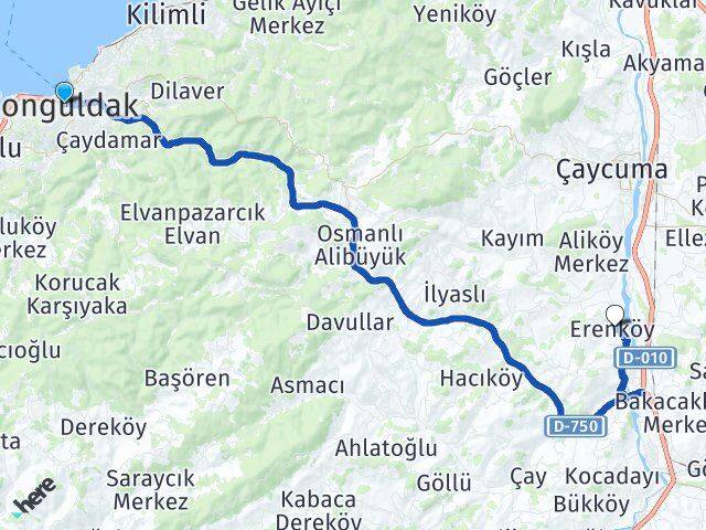 Zonguldak Erenköy Çaycuma Arası Kaç Km - Yol Haritası
