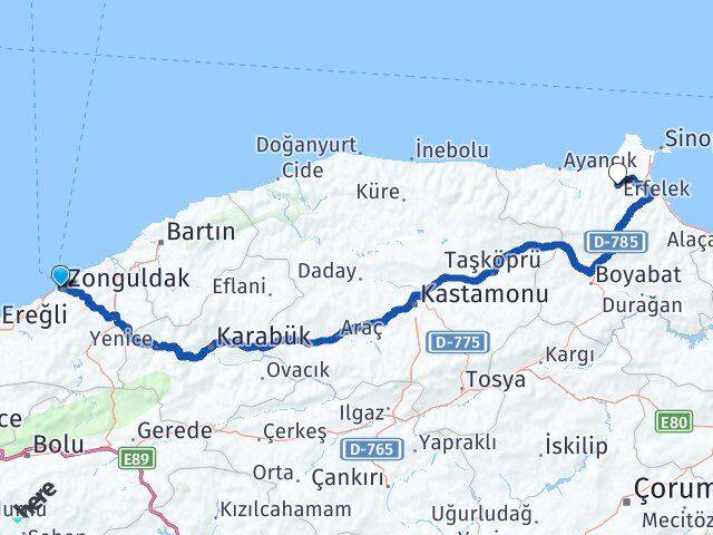 Zonguldak Erfelek Sinop Arası Kaç Km - Yol Haritası