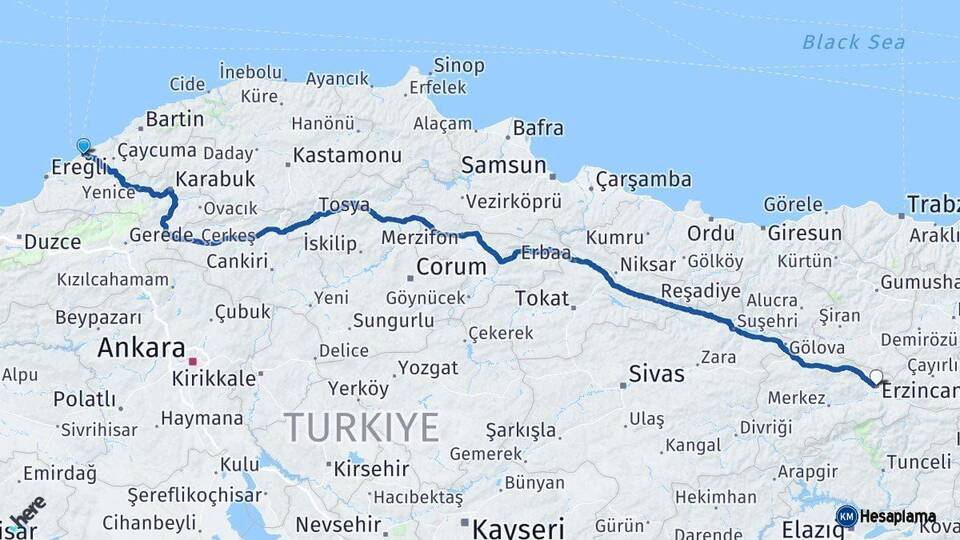 Zonguldak Erzincan Arası Kaç Km - Yol Haritası