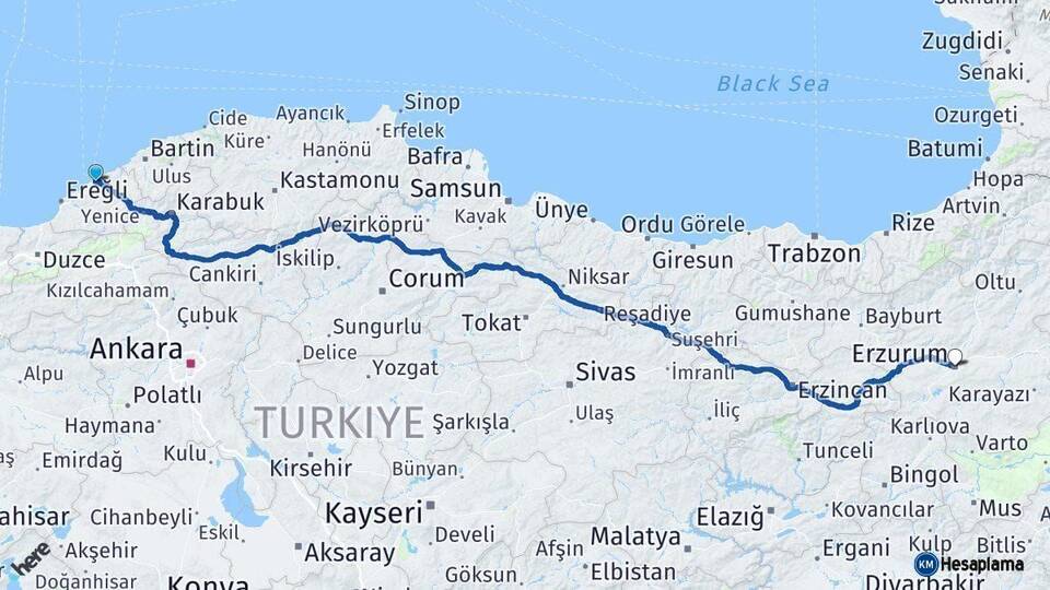 Zonguldak Erzurum Arası Kaç Km - Yol Haritası