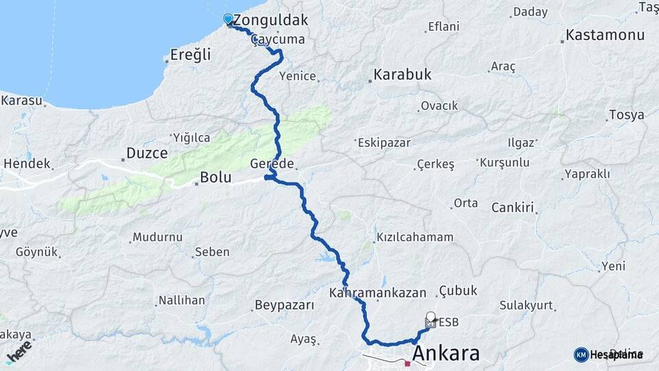 Zonguldak Esenboğa Havalimanı Arası Kaç Km - Yol Haritası