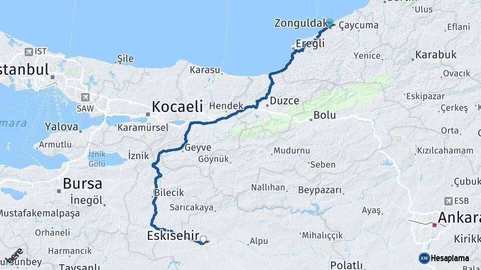 Zonguldak Eskişehir Arası Kaç Km - Yol Haritası