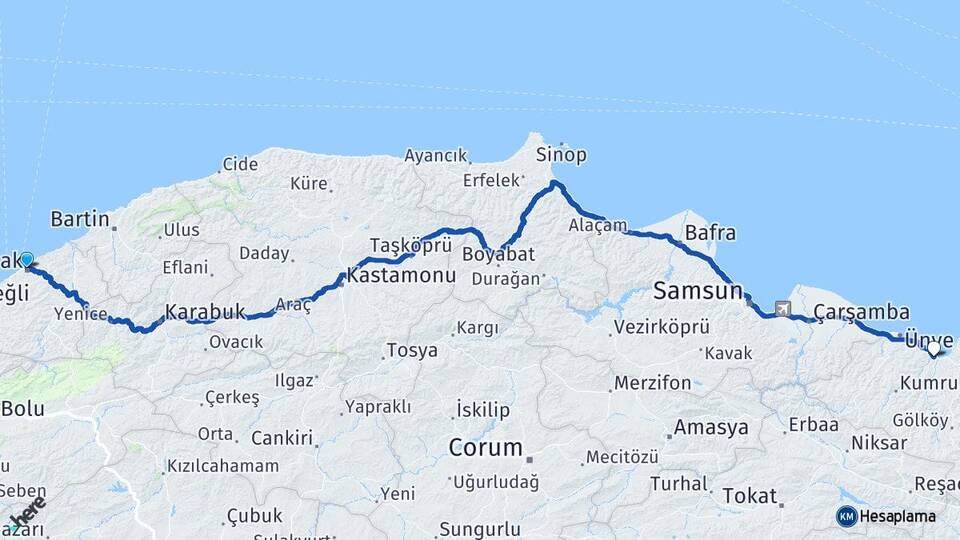 Zonguldak Fatsa Ordu Arası Kaç Km - Yol Haritası