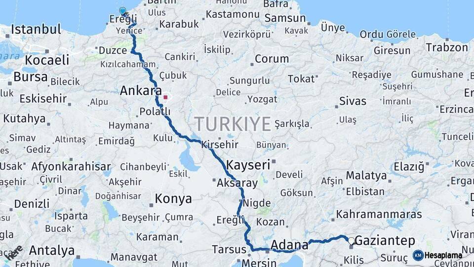 Zonguldak Gaziantep Arası Kaç Km - Yol Haritası