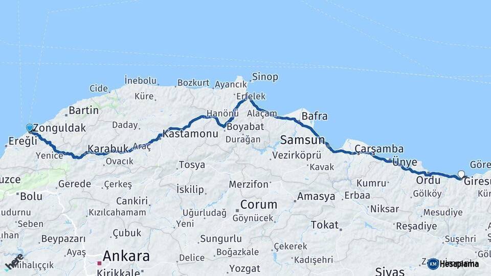 Zonguldak Giresun Arası Kaç Km - Yol Haritası