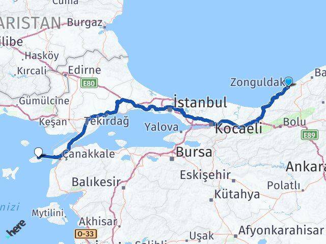 Zonguldak Gökçeada Çanakkale Arası Kaç Km - Yol Haritası