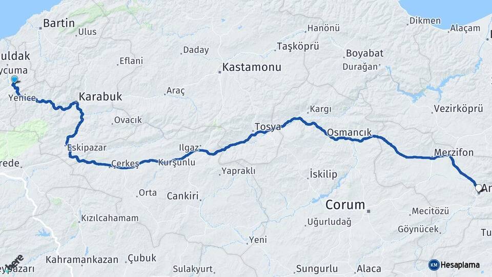 Zonguldak Gökçebey Amasya Arası Kaç Km - Yol Haritası