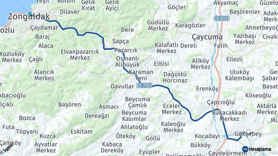 Zonguldak Gökçebey Arası Kaç Km - Yol Haritası