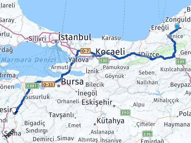 Zonguldak Gökçebey Balıkesir Arası Kaç Km - Yol Haritası