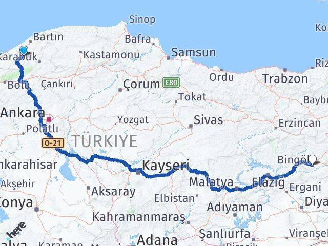 Zonguldak Gökçebey Bingöl Arası Kaç Km - Yol Haritası