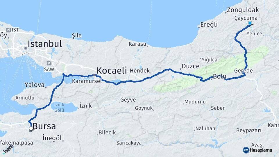 Zonguldak Gökçebey Bursa Arası Kaç Km - Yol Haritası