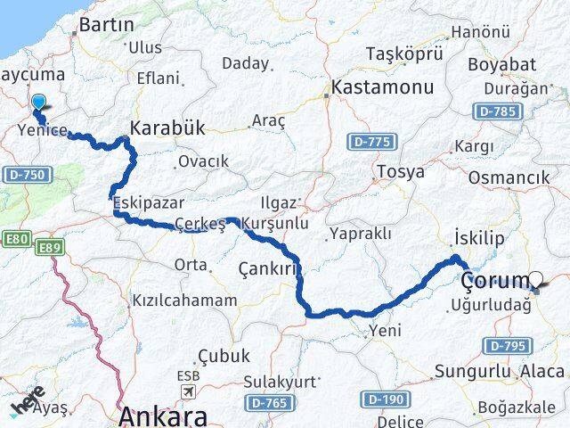 Zonguldak Gökçebey Çorum Arası Kaç Km - Yol Haritası