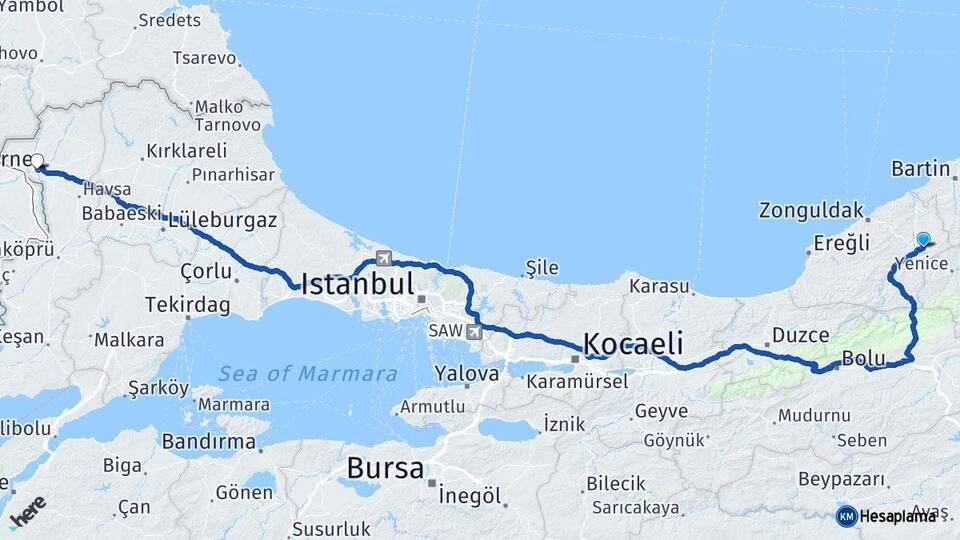Zonguldak Gökçebey Edirne Arası Kaç Km - Yol Haritası
