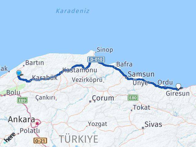 Zonguldak Gökçebey Giresun Arası Kaç Km - Yol Haritası