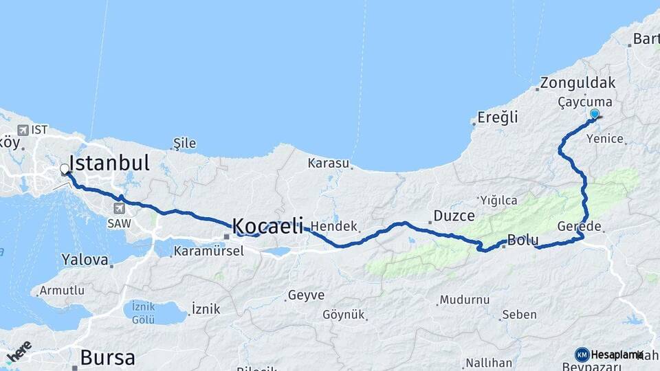 Zonguldak Gökçebey İstanbul Arası Kaç Km - Yol Haritası