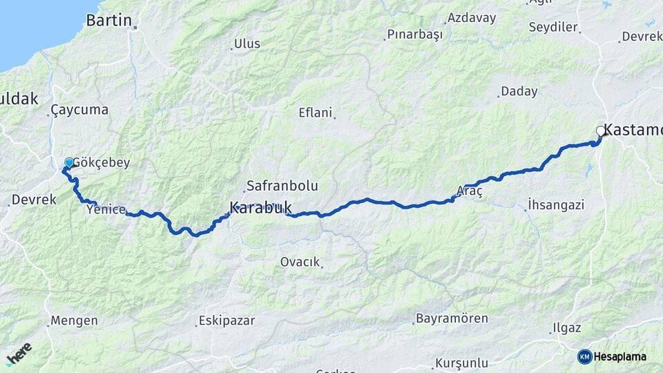 Zonguldak Gökçebey Kastamonu Arası Kaç Km - Yol Haritası