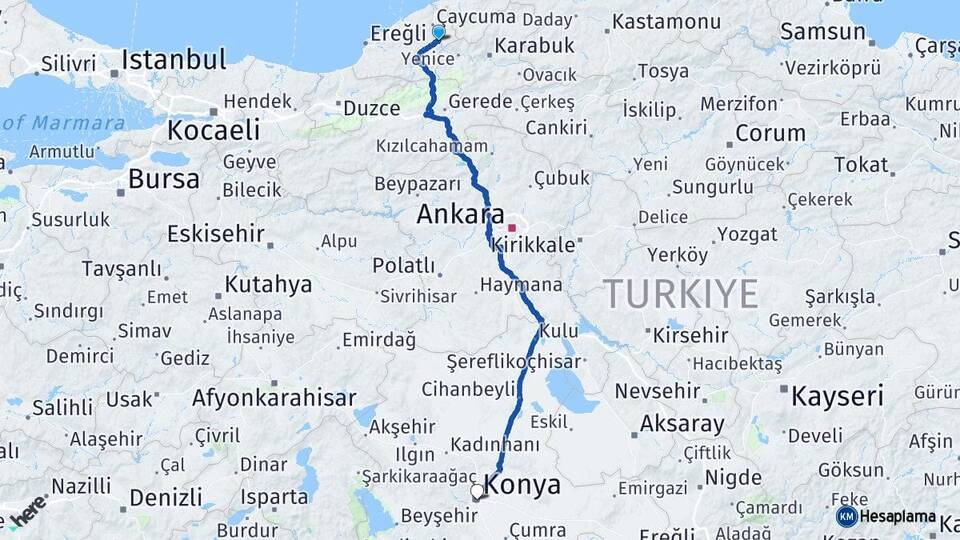 Zonguldak Gökçebey Konya Arası Kaç Km - Yol Haritası