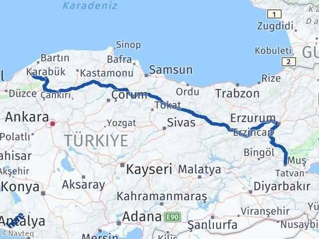 Zonguldak Gökçebey Muş Arası Kaç Km - Yol Haritası