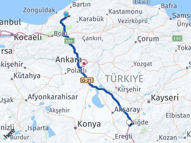 Zonguldak Gökçebey Niğde Arası Kaç Km - Yol Haritası