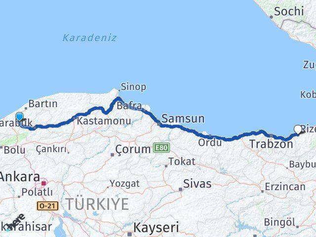 Zonguldak Gökçebey Rize Arası Kaç Km - Yol Haritası