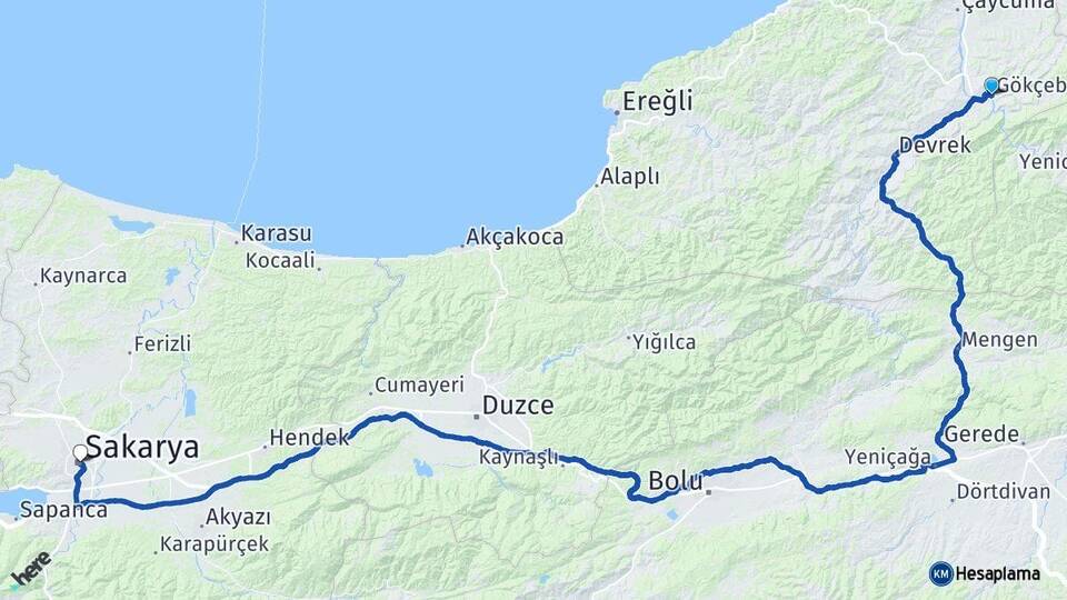 Zonguldak Gökçebey Sakarya Arası Kaç Km - Yol Haritası
