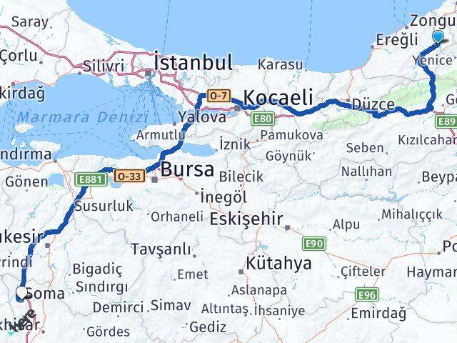 Zonguldak Gökçebey Soma Manisa Arası Kaç Km - Yol Haritası