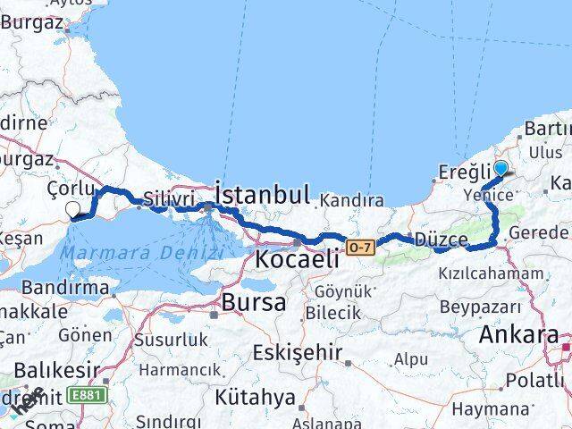Zonguldak Gökçebey Tekirdağ Arası Kaç Km - Yol Haritası