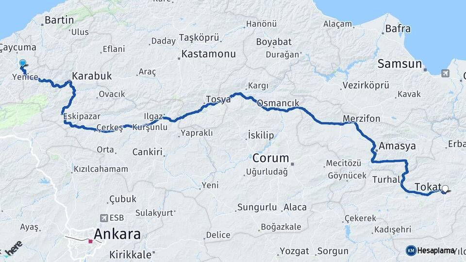 Zonguldak Gökçebey Tokat Arası Kaç Km - Yol Haritası