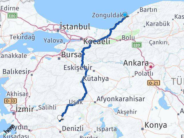 Zonguldak Güney Denizli Arası Kaç Km - Yol Haritası