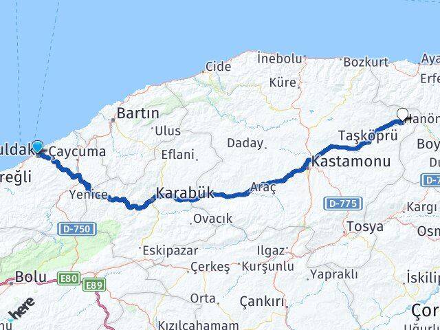 Zonguldak Hanönü Kastamonu Arası Kaç Km - Yol Haritası